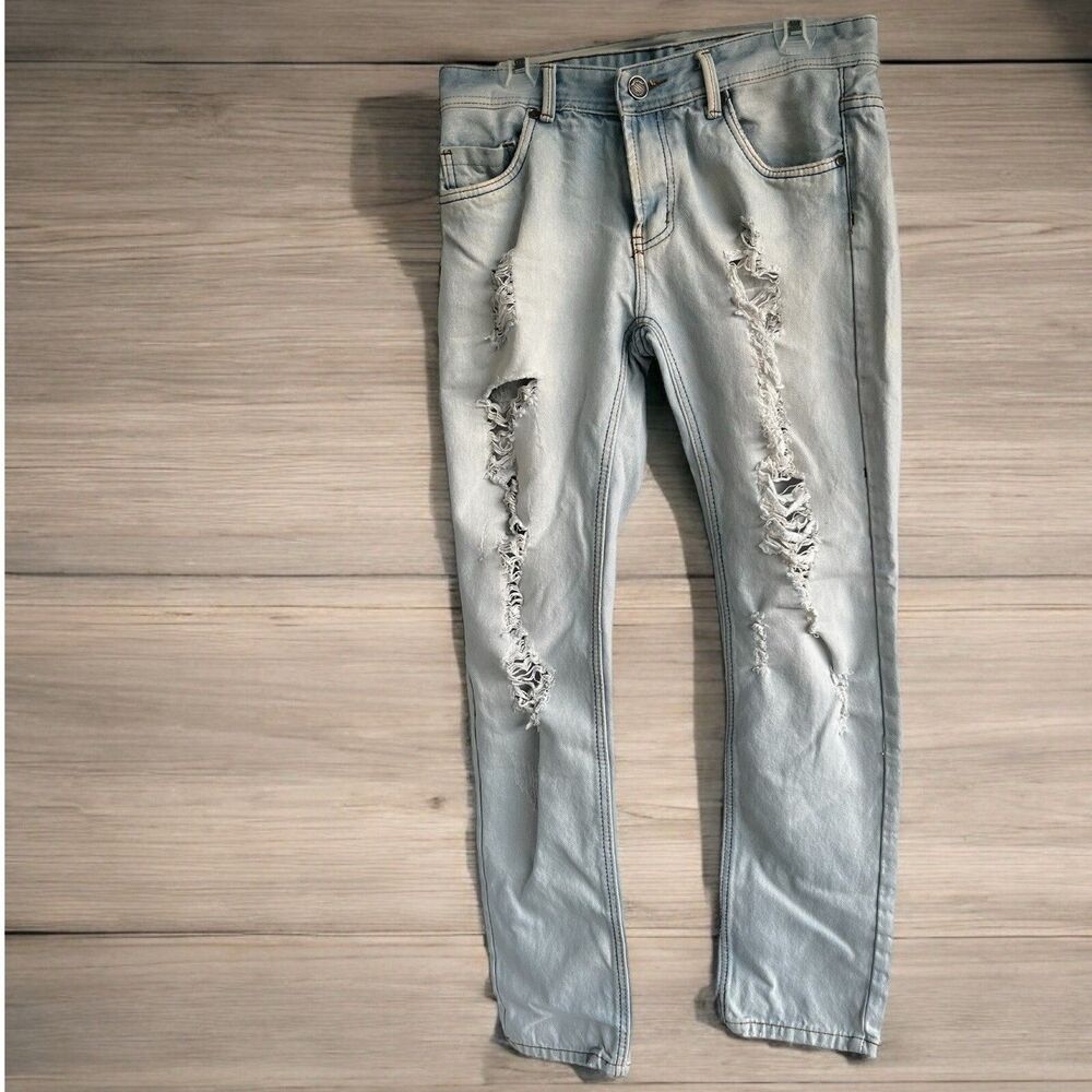 Men’s Trillnation Distressed Ripped Light Wash Blue Jeans Y2K 32X40